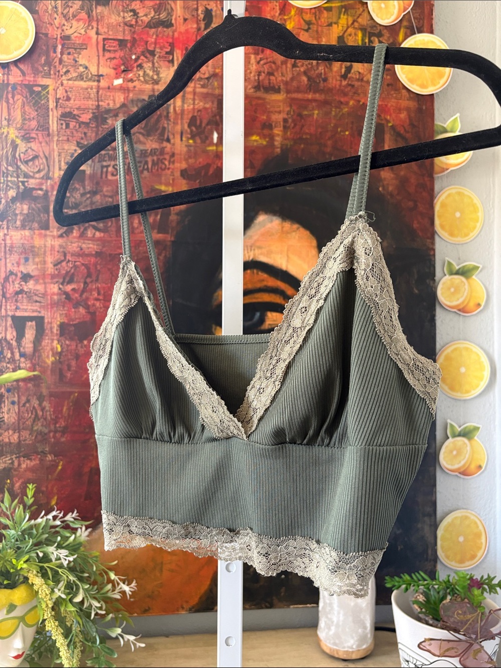 Olive Green Ribbed Lace Bralette Size M